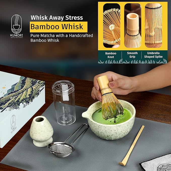 6 Pcs Matcha Whisk Set | Matcha kit with Mottled Green Bowl, Bamboo Whisk, Scoop, Sifter, Holder for whisk & Cleaning Cloth, Traditional Matcha Set in Magnetic Gift Box