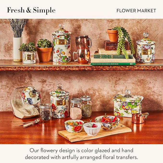 MACKENZIE-CHILDS Small Enamel Canister, Kitchen Storage Container for Flour and Sugar, 1.13 Liters, White Flower Market