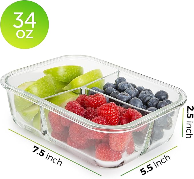PrepNaturals 3 Pack 34 Oz Glass Meal Prep Containers - Dishwasher Microwave Freezer Oven Safe - Glass Storage Containers with Lids (Multi-Compartment)