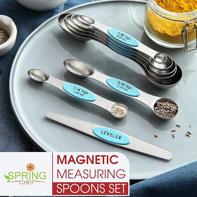 Spring Chef Stainless Steel Magnetic Measuring Spoons Set of 8 with Leveler, Metal Teaspoon & Tablespoon Measuring Spoons with Strong Magnets, Kitchen Gadgets for Baking & Cooking - 2 Pack - Aqua Sky
