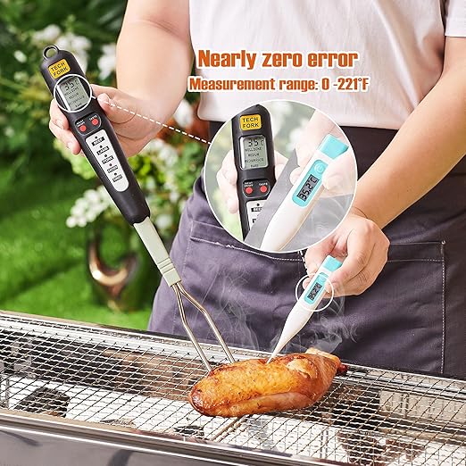 80-09 Digital Meat Instant Read Thermometer with LED Screen and Ready Alarm, Kitchen Probe with Long Fork for Grilling, Barbecue and Cookin, l, white1