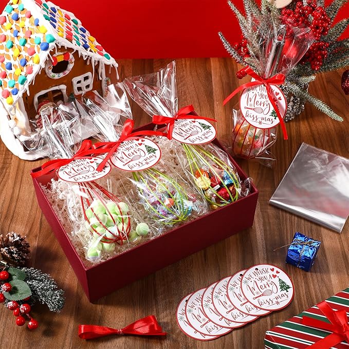 100 Sets 10 Inch Christmas Whisks Gifts DIY Fillable Christmas Tree Ornaments Xmas Colored Silicone Whisks for Cooking Heat Resistant Egg Beaters with Card Rope Bag for Candy Holder