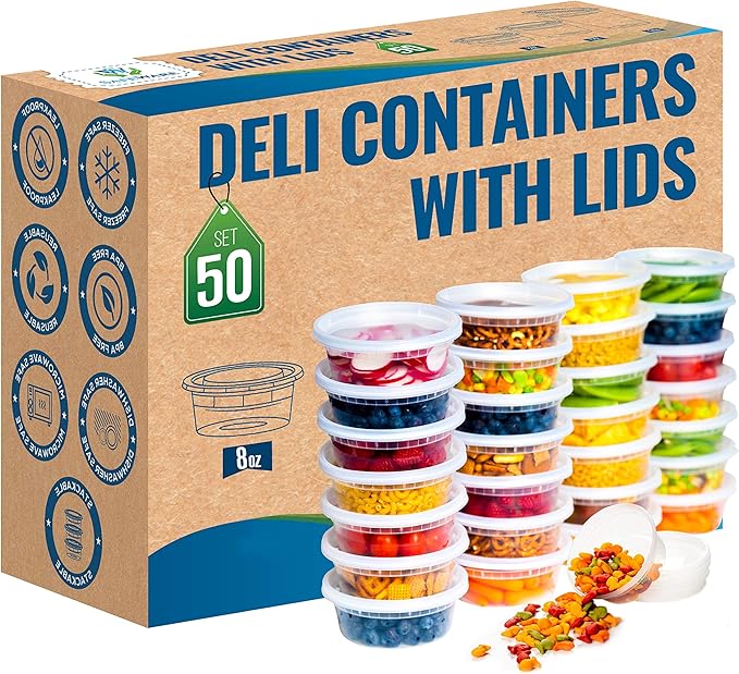 SafeWare Deli Plastic Food Containers with Airtight Lids [50 Sets], Leakproof Slime Small Combo Pack [Reusable, Storage, Disposable, Meal Prep, Soup, Microwaveable & Freezer Safe] (8oz)