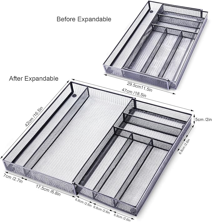 WuGeShop Expandable Mesh Silverware Drawer Organizer, Adjustable Metal Kitchen Cutlery Tray, Flatware Utensil Organizer with Non-slip Rubber Feet (Black, 7 Compartments)