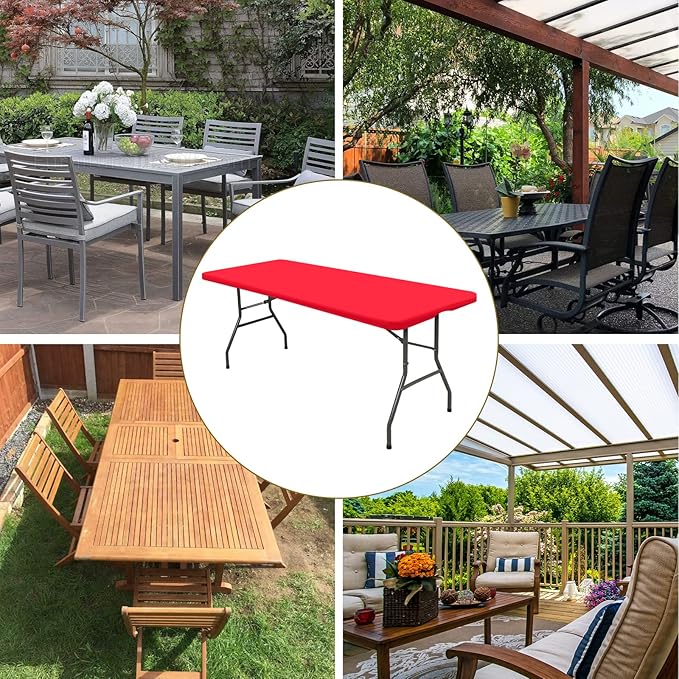 10 Pack Stretch Fabric Table Top Cap Cover, fits 8' Tables, Spandex Table Covers Washable Elastic Rectangle Tablecloth Protector for Indoor Outdoor Party Picnic Wedding, Red, 30" W x 96" L