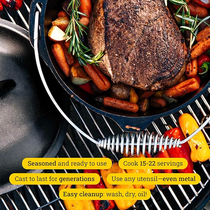 Lodge 9 Quart Pre-Seasoned Cast Iron Dutch Oven with Lid - Wire Bail Handle for Easy Transfer from Cooking Surface to Table - Use in the Oven, on the Stove, on the Grill or over the Campfire - Black