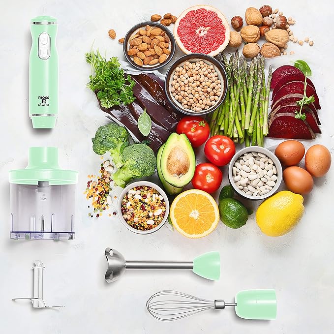 Moss & Stone Hand Blender Electric With Egg Whisk & Chopper, Powerful 300 Watt Stick Blender, Hand Mixer Set Stainless Steel Shaft & Blades, Handheld Blender With Ergonomic Handle