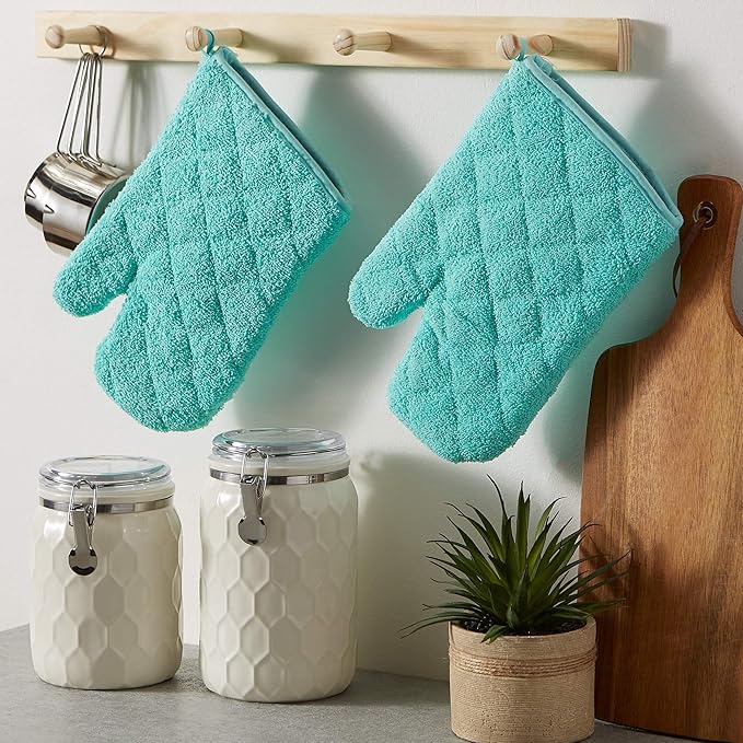 DII Basic Terry Collection 100% Cotton Quilted, Oven Mitt, Aqua, 2 Piece