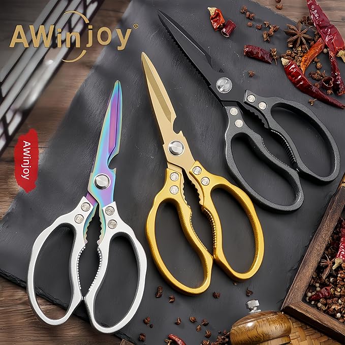 AWinjoy Heavy Duty Sharp Kitchen Scissors, Dishwasher Safe, Cooking Shears for Meat, Chicken, Fish, Poultry, Herb, Bread (Silver Color)