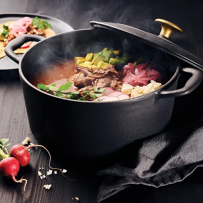 Tramontina Bestow Enameled Cast Iron Dutch Oven Pot with Lid, Round 5.5-quart, Matte Black with Gold Knob