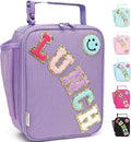 FlowFly Lunch box Insulated Soft Bag Mini Cooler Back to School Thermal Meal Tote Kit With Buckle and Mesh Side Pocket for Girls, Boys, PurpleWithLetter