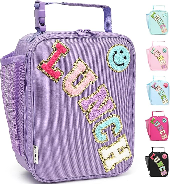 FlowFly Lunch box Insulated Soft Bag Mini Cooler Back to School Thermal Meal Tote Kit With Buckle and Mesh Side Pocket for Girls, Boys, PurpleWithLetter