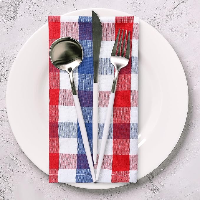 Urban Villa Cotton Dinner Napkins Set of 6, 20x20 Inche Soft Premium Cotton Napkins, Hotel Quality Highly Absorbent, Reusable & Washable Table Dinner Napkins (Red/Blue/White, Buffalo Checks)