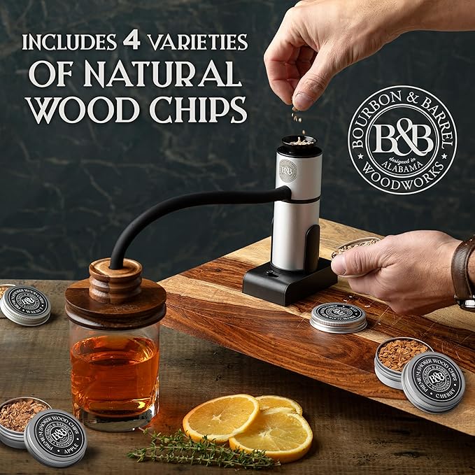 BOURBON&BARREL Cocktail Smoker Kit | Crafted with Walnut Wood | Whiskey Smoker Kit with Instant Smoker, Glass Drink Topper and 4 Varieties of Wood Chips | Old Fashioned Drink Smoker [Walnut]