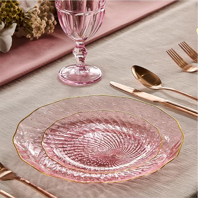 PLASTICPRO 30 Pack Plastic Plates Set of 15-10 inch Plate and 15-7 inch Plates, Elegant Clear Pink Spiral and Gold Rim Disposable Fancy Plate Premium Heavyweight