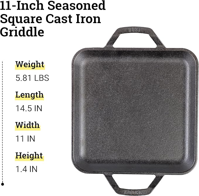 Lodge 11" Cast Iron Square Griddle - Chef Collection - For Indoor & Outdoor Cooking - Superior Heat Retention - Durable Cast Iron - Seasoned Kitchen Griddle
