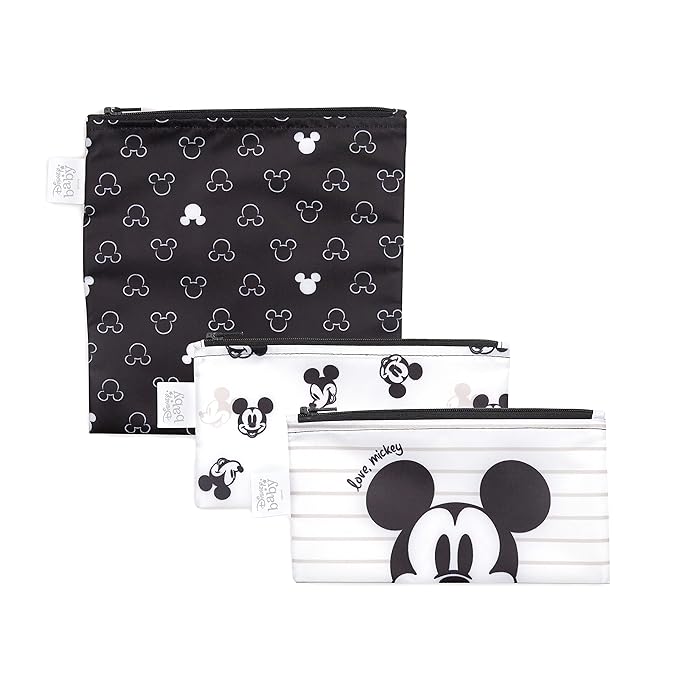 Bumkins - Cloth Snack & Sandwich Bags - For Storage, Travel, Food Prep, Lunch - Reusable, Water Resistant, Washable, Dishwasher Safe - Snack Bags for Kids - Zipper Closure - Love, Mickey - 3 Pack