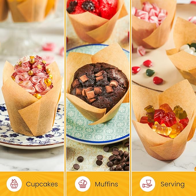 Tulip Cupcake Liners, Muffin Liners for Baking by Baker’s Signature – 200pcs of Parchment Paper Cups Cupcake Wrappers – Perfect Size, Sturdy, Greaseproof & Easy to Use – Wedding Decor – Natural Brown