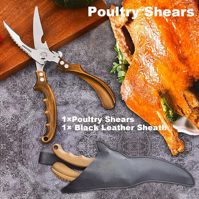 ANDONG Kitchen Shears - Heavy Duty Stainless Steel Poultry, Meat & Bone Scissors with Black Leather Sheath for Food