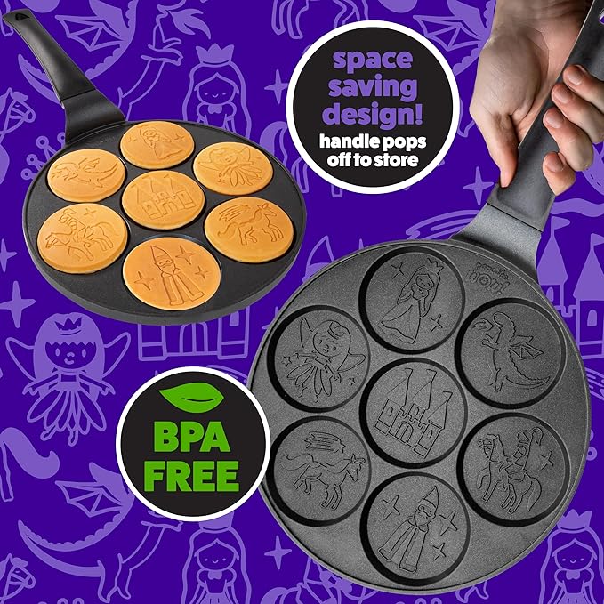 CucinaPro Fantasy Friends Mini Pancake Pan - Nonstick Griddle for Breakfast Magic, Featuring a Princess Castle & More, 7 Unique Flapjacks