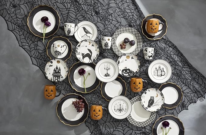 Lenox Dinnerware, Vintage Halloween Haunted Accent Plates, Assorted, Set of 4, Porcelain, Dishwasher & Microwave Safe, Halloween Decor Indoor, Spooky Decorative Plates for Home (Black/White, 4 Piece)