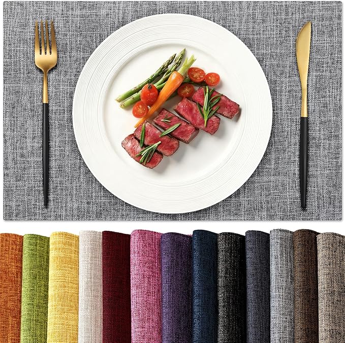 KXN Placemats Set of 4, Dual-Layer Thickened Faux Linen Table Mats, Heat Resistant & Wrinkle-Free, Machine Washable Cloth Place Mats for Kitchen Dining Indoor Outdoor (Light Grey)