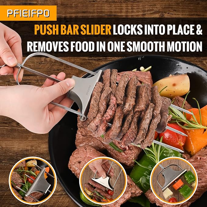 Grilling Savant 3 Way Skewers,14 Inch Metal Skewers for Grilling,Easy to Use Push Bar Slider, BBQ Accessory, Perfect for Meat,Veggies,Fruits,Marshmallow Roasting Sticks Grill Kabob Skewer.