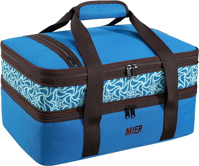 MIER Insulated Double Casserole Carrier Bag Thermal Lunch Tote for Lasagna Lugger, Potluck Parties, Picnic, Beach, Fits 9 x 13 Inches Baking Dish, Casserole Dish, Expandable by Mid Zipper, Blue