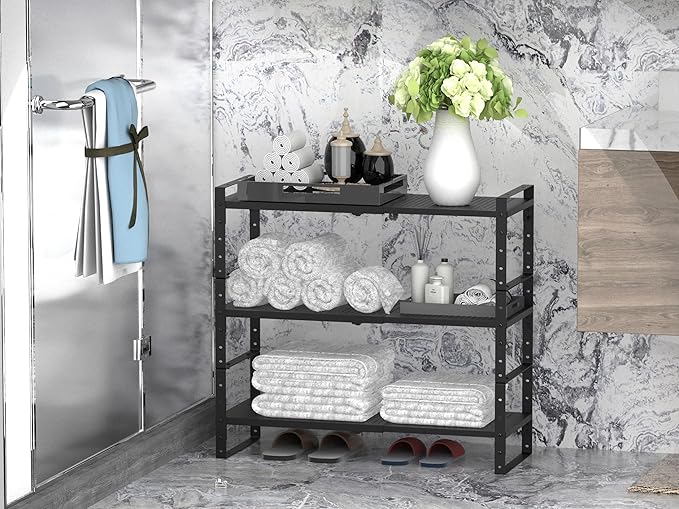 Expandable Stackable Aadjustable Shoe Rack Pantry Shelf for Kitchen Cabinets Counter Shelves Countertop Cupboard Storage Solution,Sturdy Heavy-Duty Metal Construction(2Packs/Black/Large)