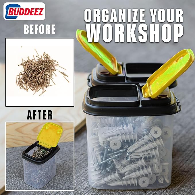 Buddeez Bits and Bolts Storage Containers - Storage Bins with Lids - Bulk Organizer for Workshop, Pantry, or Garage Supplies - 1 Quart 12 Pack