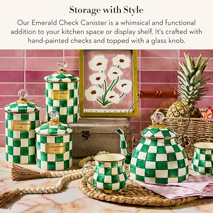 MACKENZIE-CHILDS Large Enamel Canister, Kitchen Storage Container with Lid, Green-and-White Emerald Check