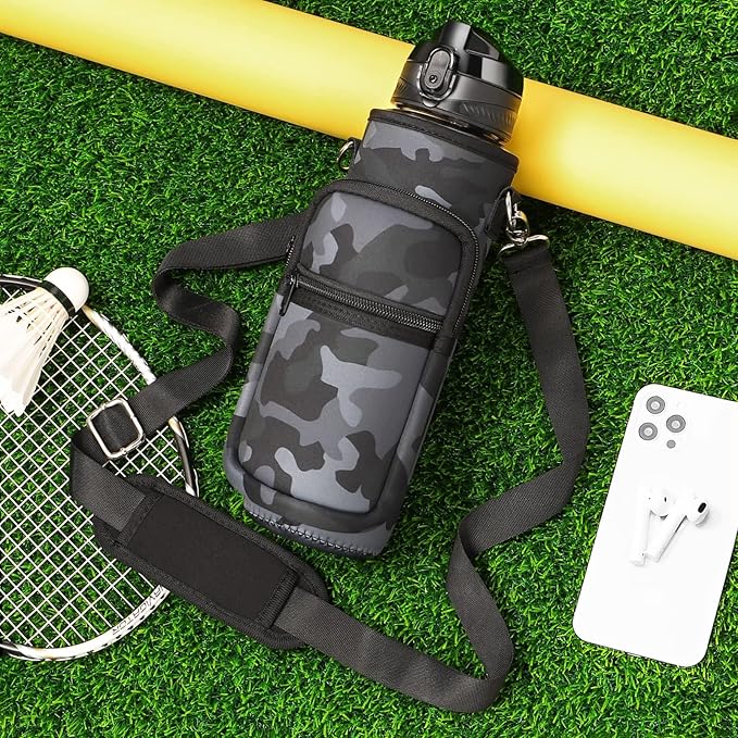 Fimibuke 32 oz Water Bottle with Sleeve - BPA Free Leakproof Sport Large 1L Plastic Motivational Water Bottle with Straw Strap & Insulated Neoprene Holder Carrier Bag Great Xmas Gift for Women Men
