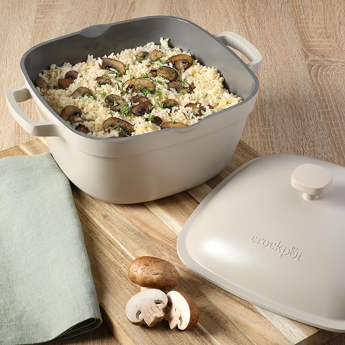 Crock-Pot Northvale Cast Aluminum Lightweight Durable 5.2 Quart Heavy Duty Dutch Oven Pot With Lid, Oven Safe, Dual Handles - Matte Linen White