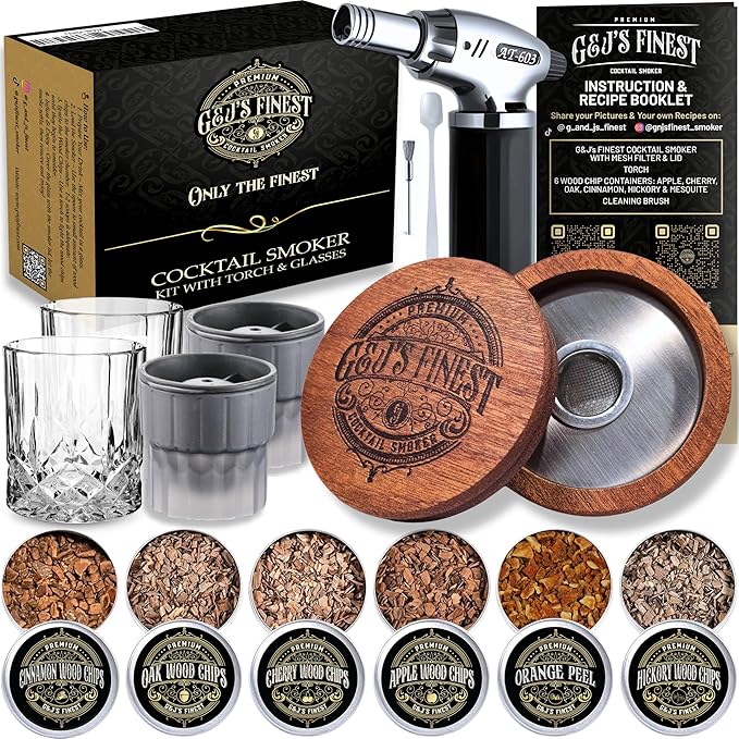 Whiskey Smoker Kit | Cocktail Smoker Kit| Bourbon Smoker Kit| Old Fashioned Smoker Kit with Torch & Glasses, 6 Wood Chips & Gift Box for Smoking Drinks| Whiskey Gift for Men (No Butane Incl.)