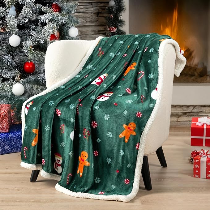 PAVILIA Premium Christmas Sherpa Throw Blanket | Christmas Decoration Gift, Fleece, Plush, Warm, Cozy Reversible Microfiber Holiday Blanket | Green Gingerbread - 60x80 Twin