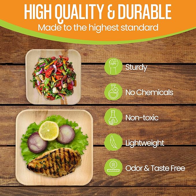 Raj Palm Leaf Plates Disposable Bamboo Plates 10 Inch & 7 Inch Square Party Pack (100 Pc) Compostable and Biodegradable - Better than Plastic & Paper Plate for Lunch, Birthday, Camping