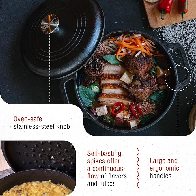 Victoria 4-Quart Cast Iron Dutch Oven with Lid and Dual Loop Handles, Seasoned with Flaxseed Oil, Made in Colombia,Black