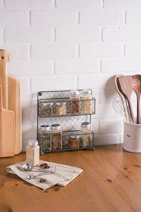 DII Farmhouse Vintage Decorative Metal Pantry Spice Rack Organizer, 9.45Lx2.3Wx10H, 2 Tier Spice Rack - Rustic