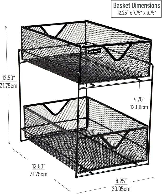 Mind Reader Accessory Organizer, Supply Storage, Makeup, Crafts, Kitchen, Metal Mesh, 8.25"L x 12.5"W x 12.5"H, Black