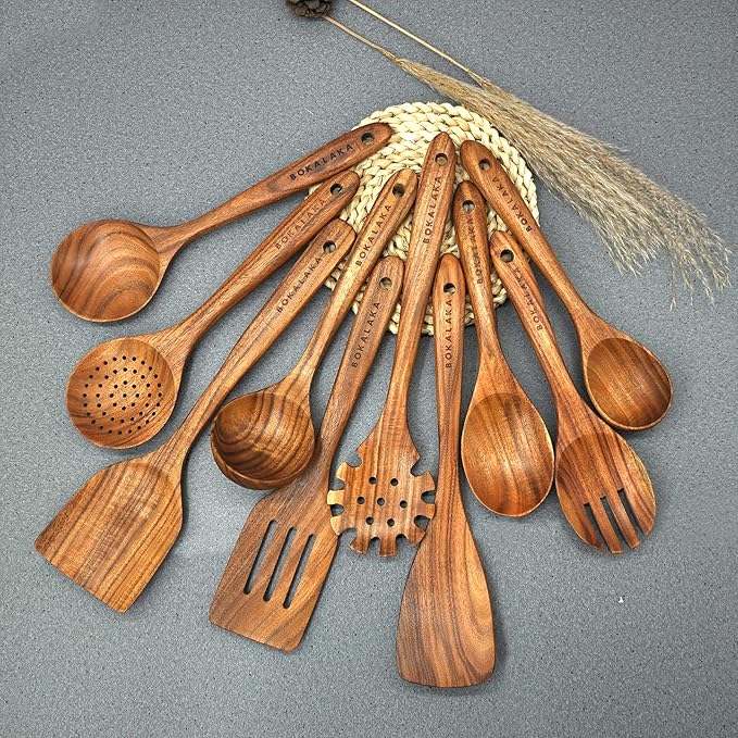 Wooden Spoons for Cooking,10 Pcs Natural Teak Wooden Kitchen Utensils Set Wooden Utensils for Cooking Wooden Cooking Utensils Wooden Spatulas for Cooking (10)
