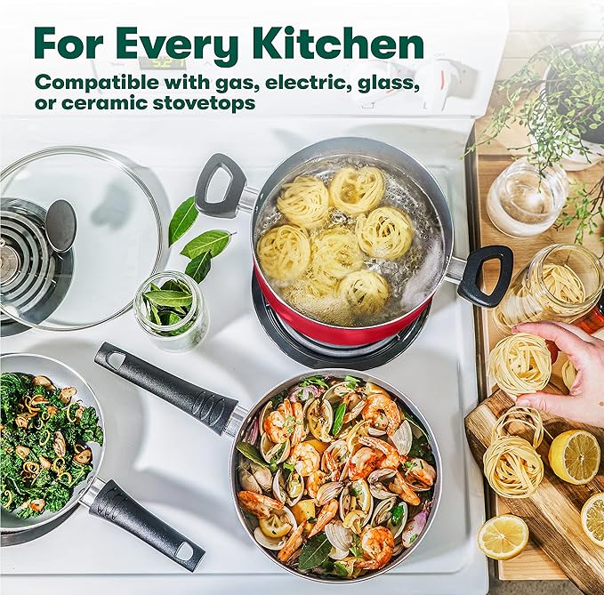BELLA Cookware Set with Glass Lids - Nonstick, PFOA Free and Scratch Resistant Surface, Aluminum Bakeware, Pots and Pans, Storage Bowls & Utensils, Compatible with All Stovetops, 21 Piece, Red