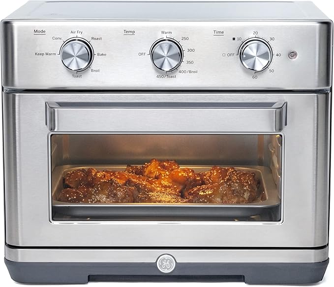 GE Mechanical Air Fryer Toaster Oven + Accessory Set | Convection Toaster with 7 Cook Modes | Large Capacity Oven - Fits 12" Pizza | Countertop Kitchen Essentials | Stainless Steel