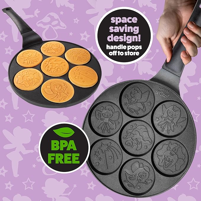 Fairy Friends Mini Pancake Pan - Make 7 Unique Flapjacks - Nonstick Griddle for Breakfast Princess Magic & Quick Easy Cleanup - Adorable and Bite Sized, Xmas Gift for Kids and Adults, Boys or Girls