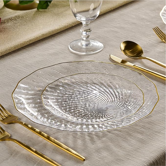 PLASTICPRO 30 Pack Plastic Plates Set of 15-10 inch Plates and 15-7 inch Plate, Elegant Clear Spiral and Gold Rim Disposable Fancy Plate Premium Heavyweight