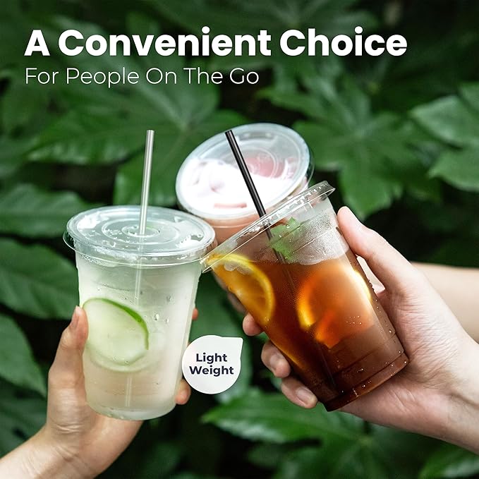 Fit Meal Prep 100 Pack 20 oz Plastic Iced Coffee Cups with Flat Lids and Clear Straws, Disposable Clear Cup, BPA Free Cup for Party, Smoothie, Cold Drinks, Juice, Milkshake, Bubble Boba, Tea