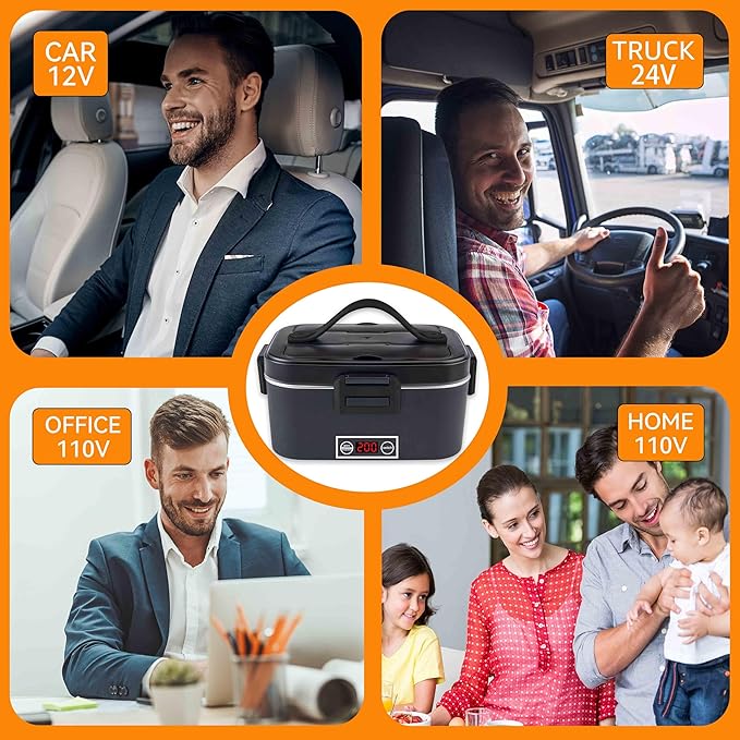Nifogo Electric Lunch Box for Adults 100W with Temperature Display Heated Lunch Box Food Warmer LunchBox 1.8L Stainless Steel Container&Bag 12V/24V/110V for Car/Truck/Work(Black)