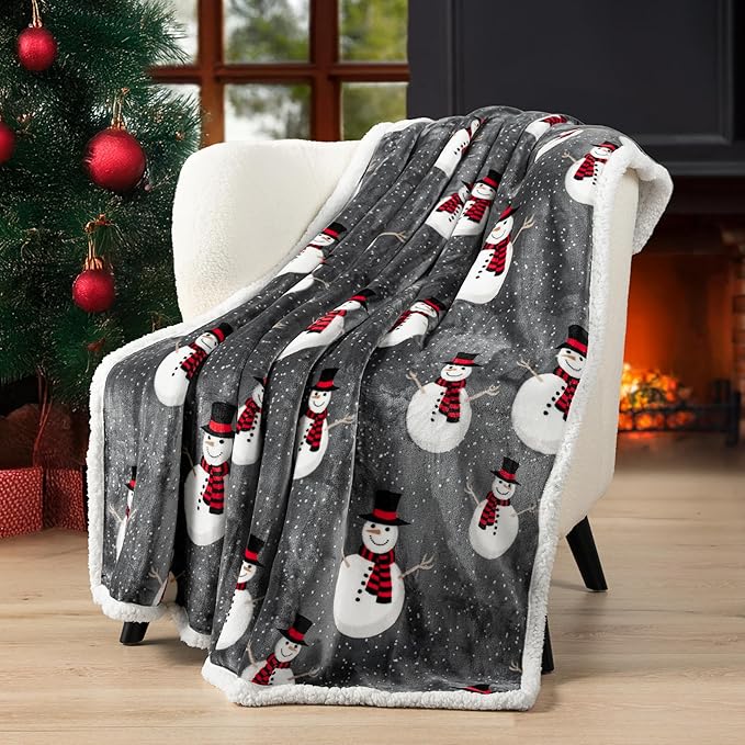 PAVILIA Premium Christmas Sherpa Throw Blanket | Snowman Decoration, Fleece, Plush, Warm, Cozy Reversible Microfiber Holiday Blanket 50 x 60
