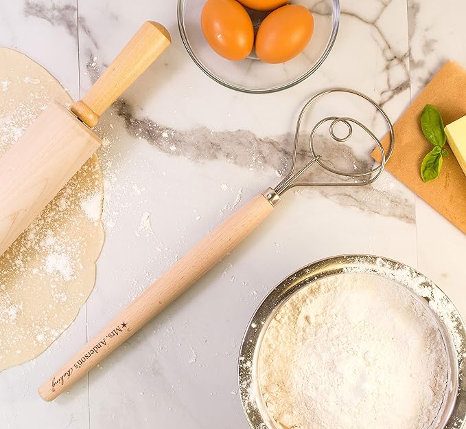 Mrs. Anderson's Baking Dough Whisk 18/8 Stainless Steel Blade, 15-Inches, wood