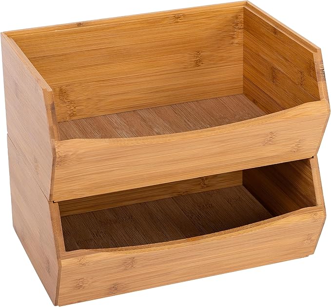 Seville Classics Bamboo Premium Organizer Storage Bins for Kitchen Silverware, Pantry, Closet, Office Desk, Pens, Utensils, Makeup, K Cup, Bamboo, Stackable Bin Set (2 Piece)