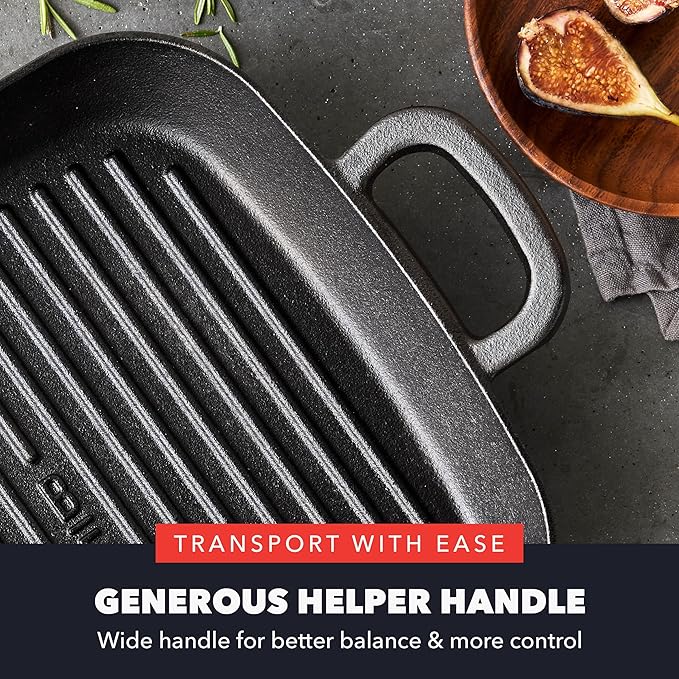 GreenPan x Bobby Flay Cast Iron 11” Square Grill Pan, Pre-Seasoned Professional Grade Heavy Duty Skillet, Helper Handles, Induction Suitable, Stovetop, Oven, BBQ & Fire, Indoor & Outdoor Use, Black